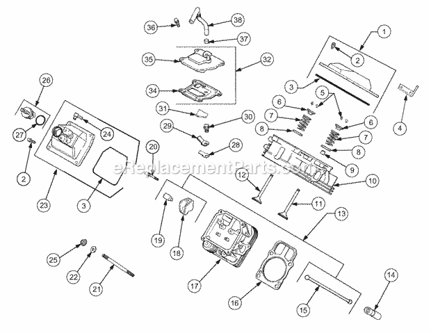 Cylinder Head, Valves And Breather Diagram and Parts List for GT2523-54 13A-2A8K710 Cub Cadet Lawn Tractor